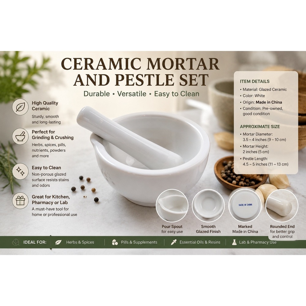 White Ceramic Mortar and Pestle Set with Pour Spout Herb Spice Grinder 3.25 Inch